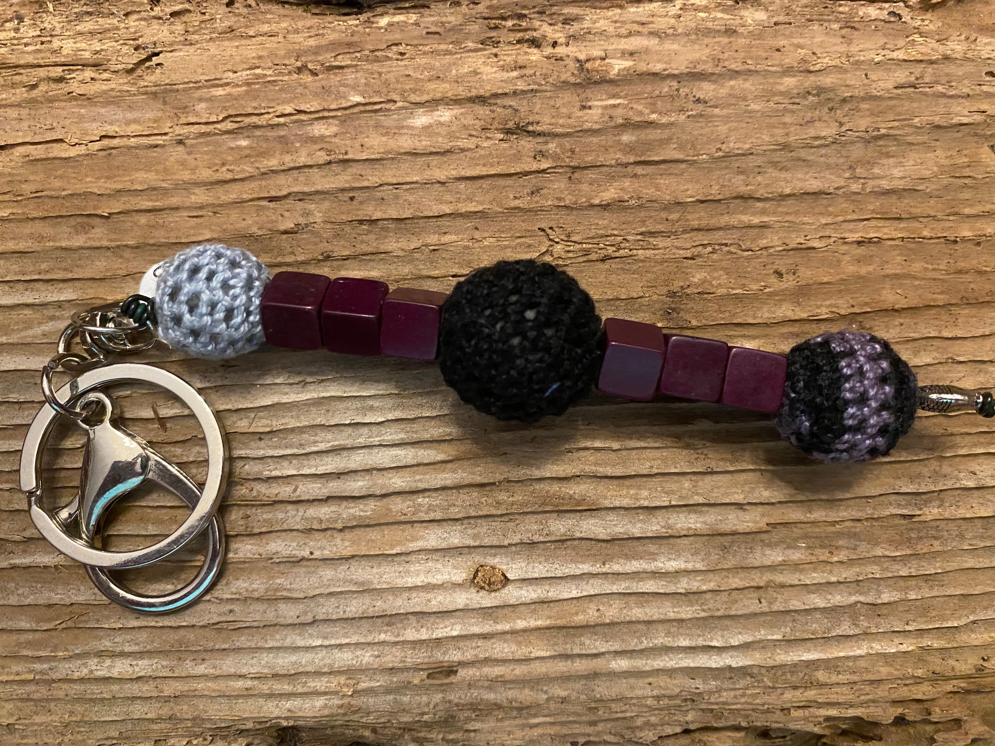 Shanga Keychain grey and black macrame beads with plum howlite squares