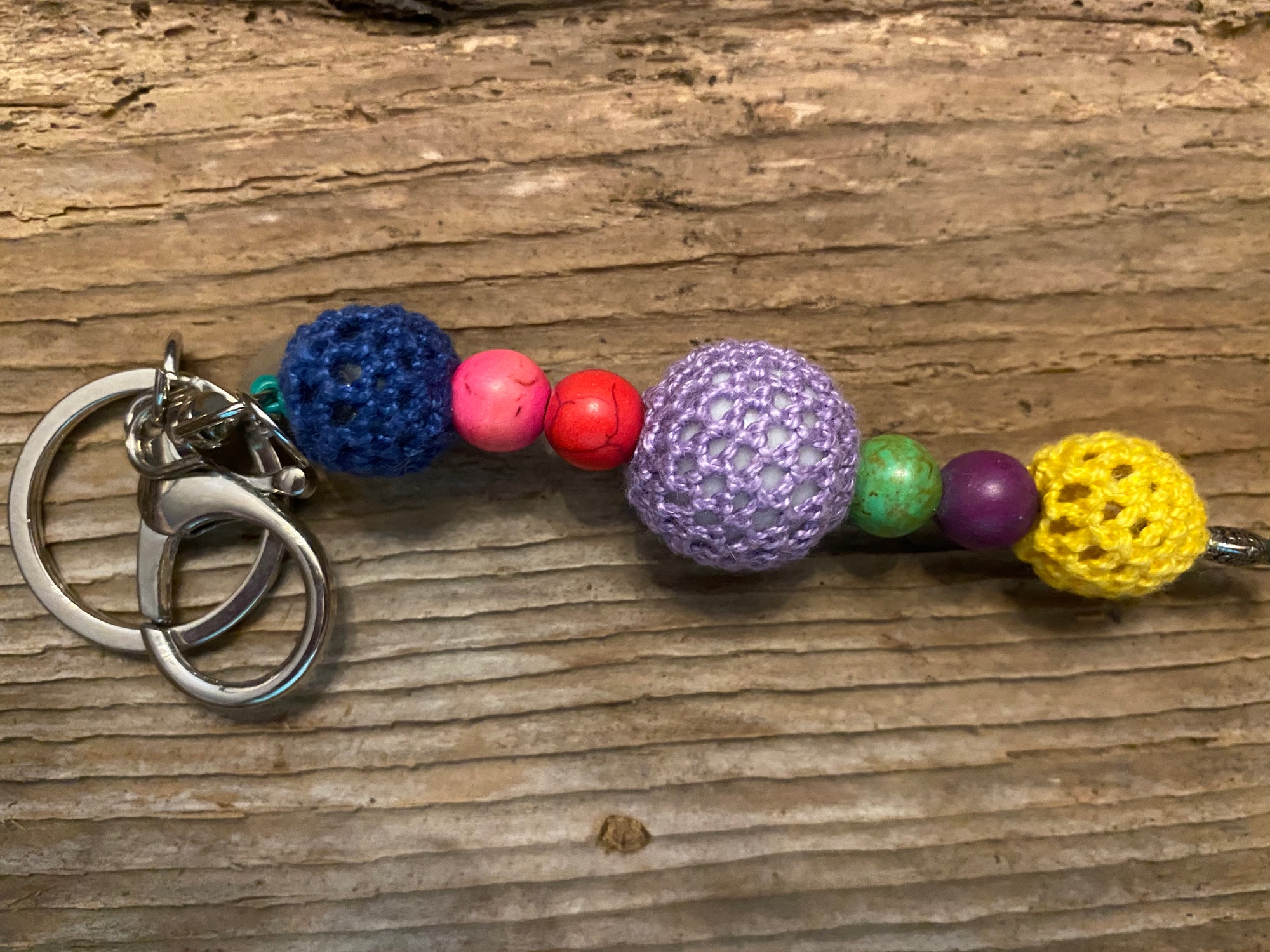 Shanga Keychain navy, purple and yellow macramé with multi-colored howlite rounds