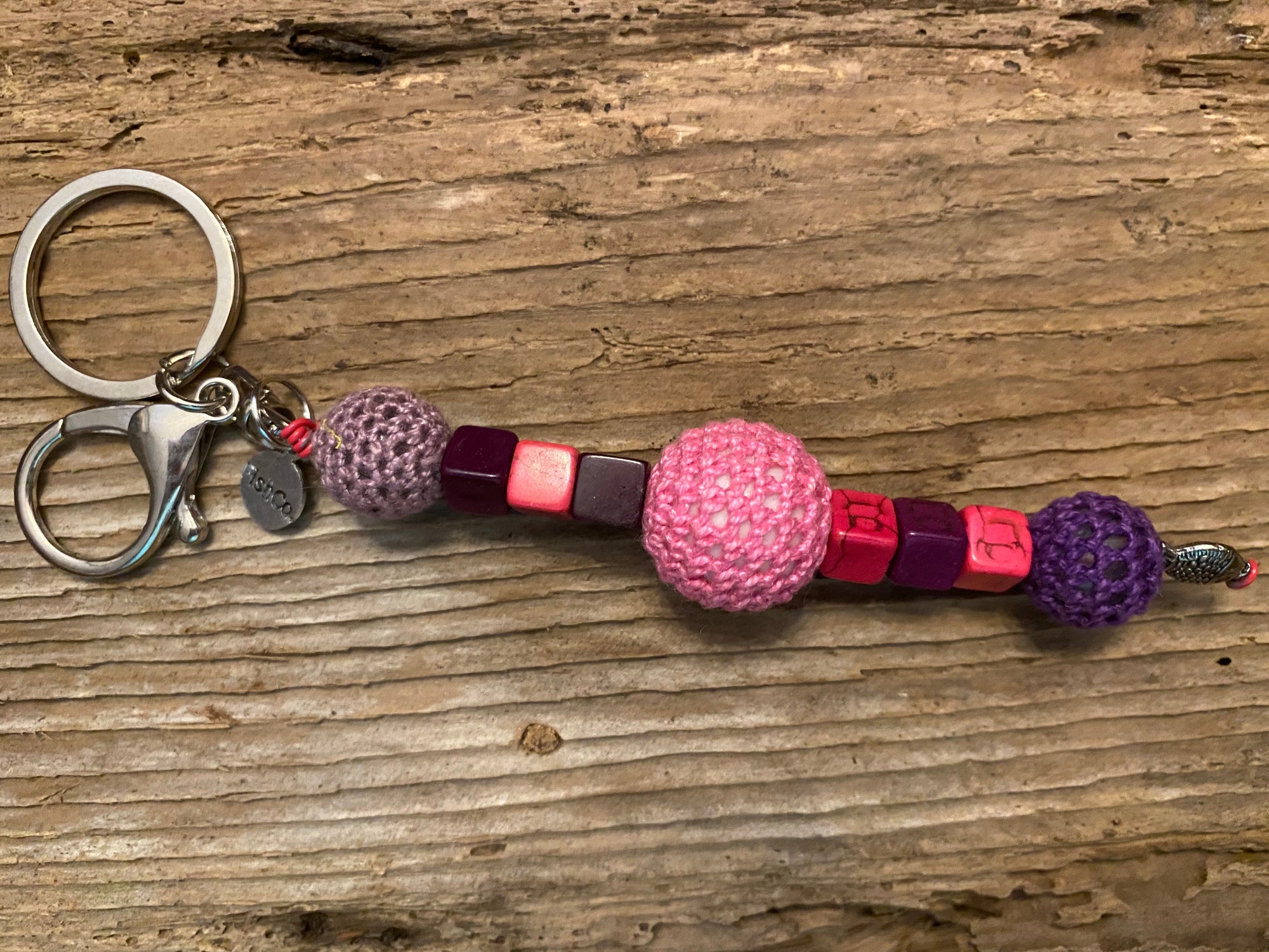 Shanga Keychain pink and purple macramé with coordinating howlite squares