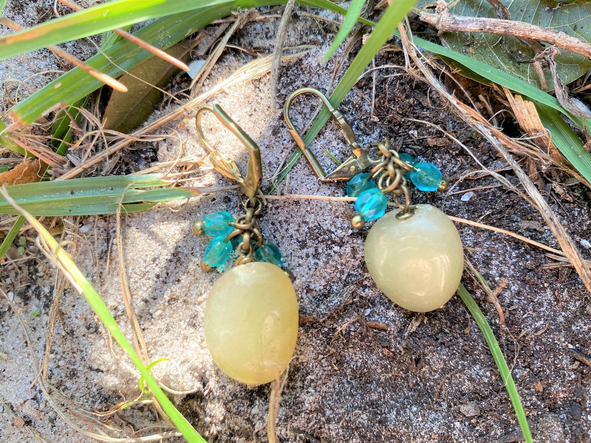 Olive Teardrop Stone Earrings with Teal Glass Clusters