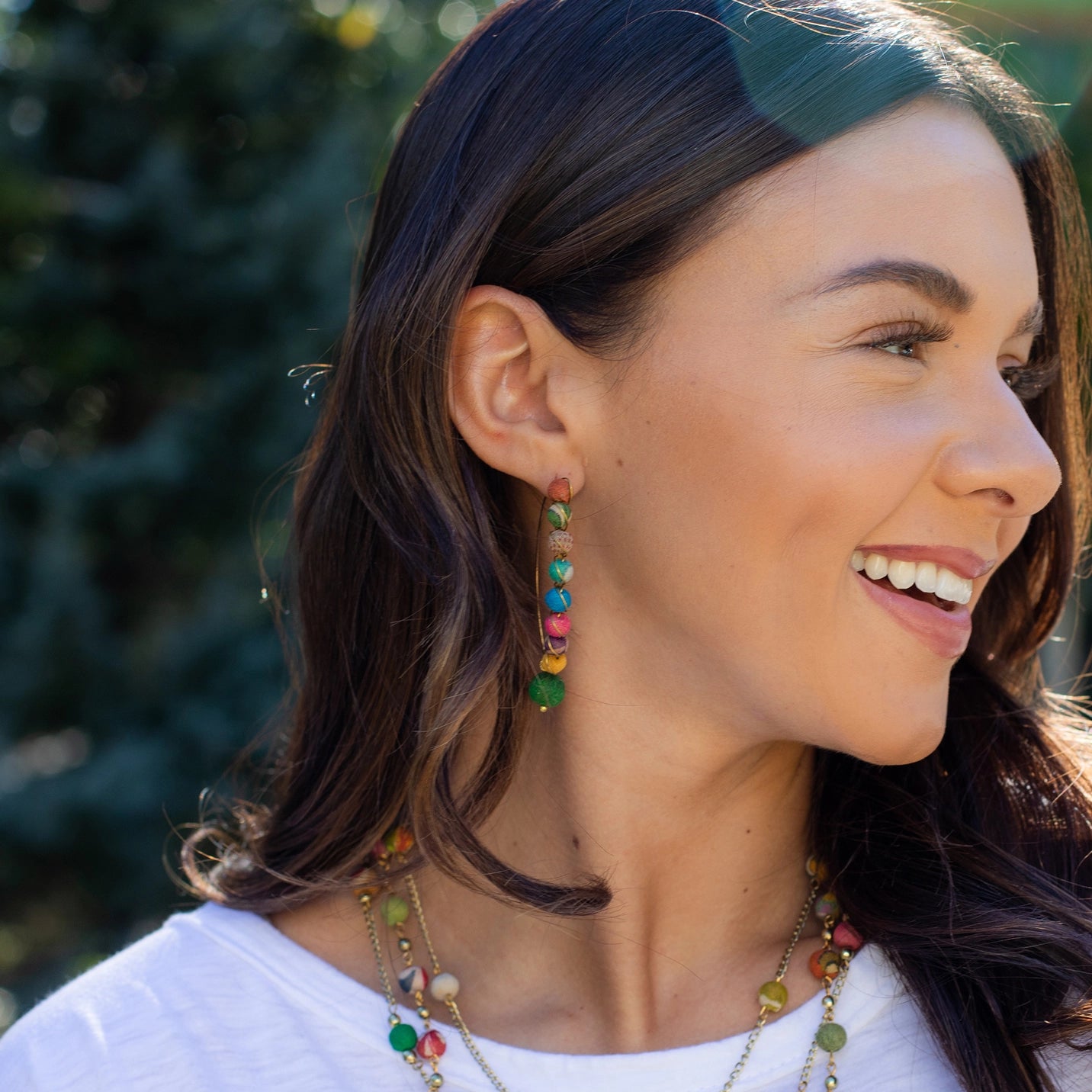 Kantha Slim Long Hoop Wrapped Round Bead Earrings