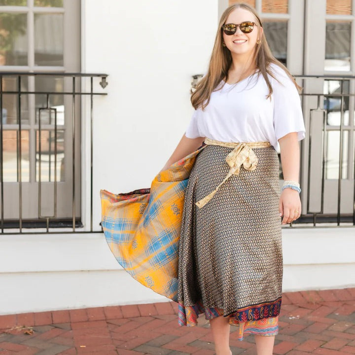 Long Reversible Wrap Silk Skirt