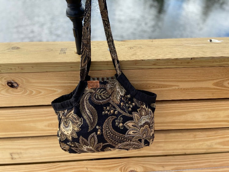 Mini Samaki- Brown Paisley and Floral Print on Black with Gold Stripe Inside