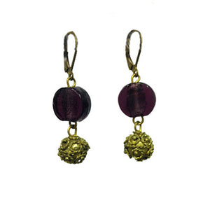 Round Glass Earrings with plum discs and golden accents