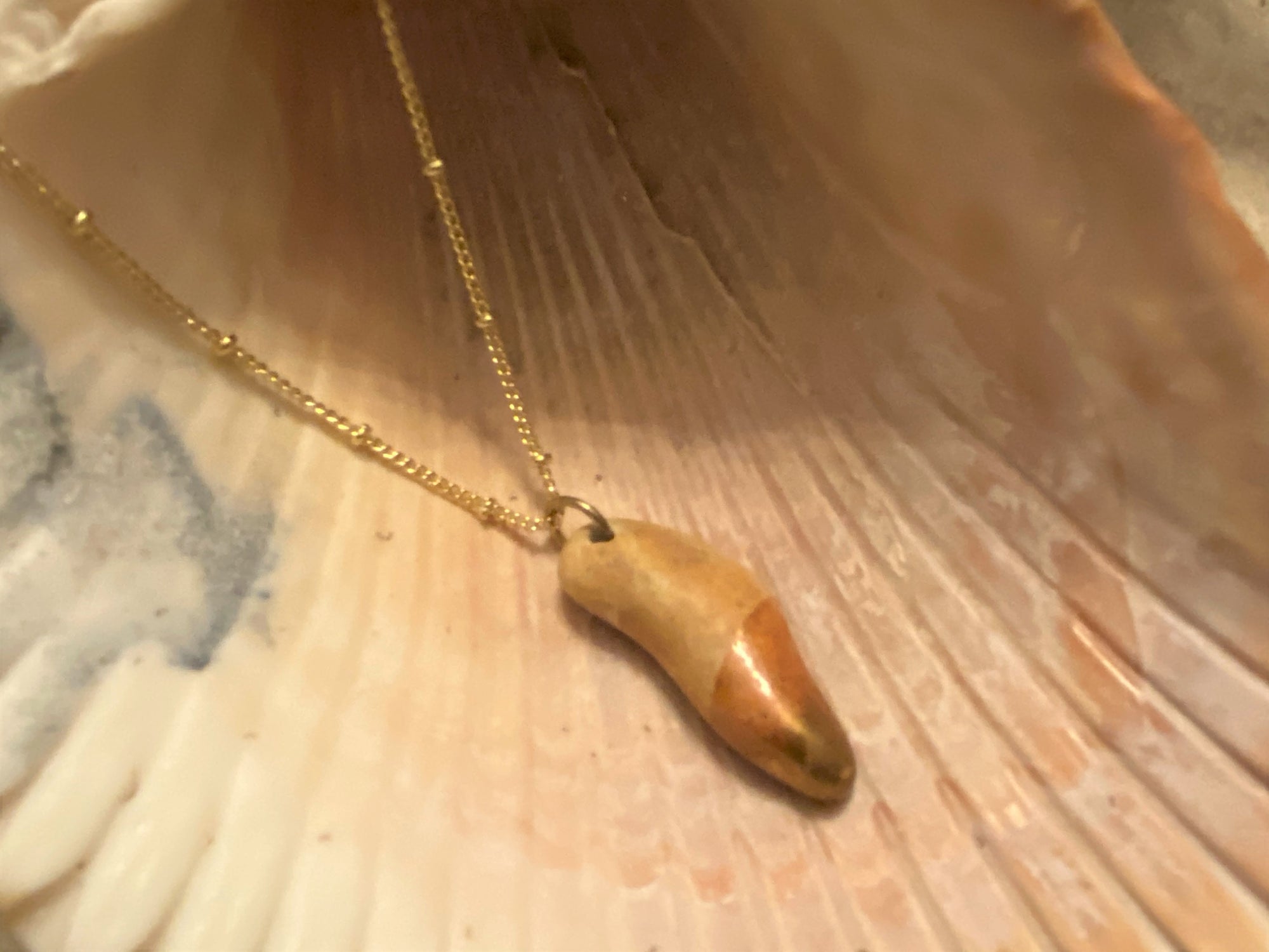 Haiti Beach Rock Necklace - Oblong Natural Stone Dipped in Gold Leaf on 30" Gold Ball Chain