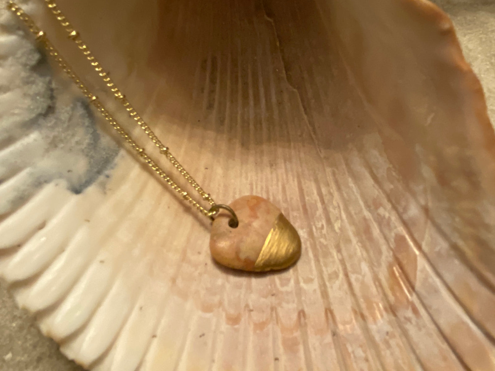 Haiti Beach Rock Necklace - Flat Peach Stone Dipped in Gold Leaf on 30" Gold Ball Necklace