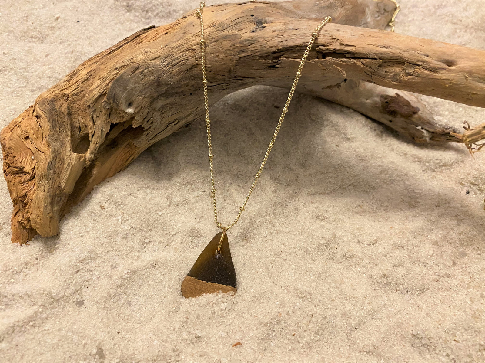 Haiti Sea Glass Necklace - Brown Tear Drop Dipped in Gold Leaf on 30" Gold Ball Chain