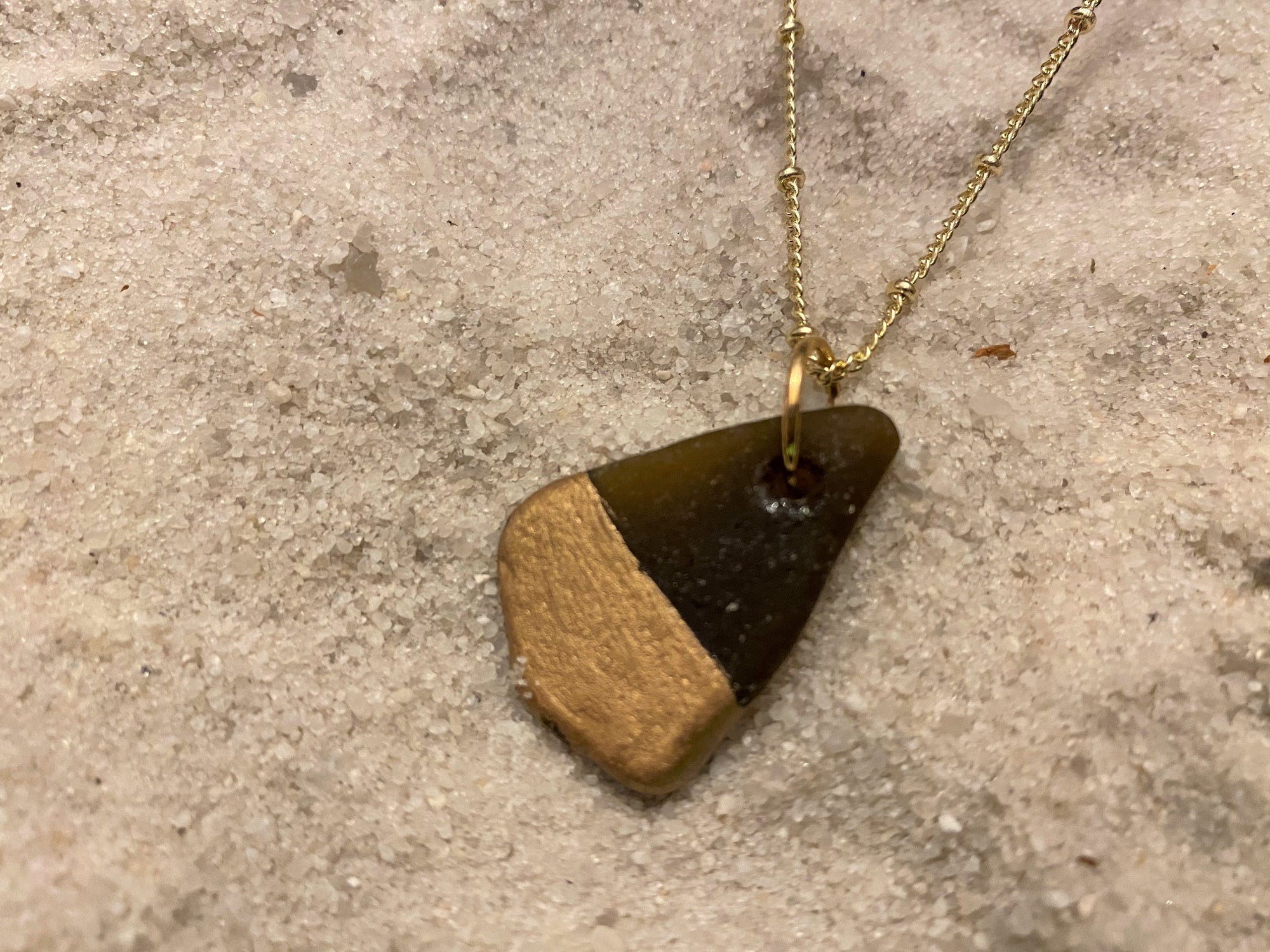 Haiti Sea Glass Necklace - Brown Tear Drop Dipped in Gold Leaf on 30" Gold Ball Chain