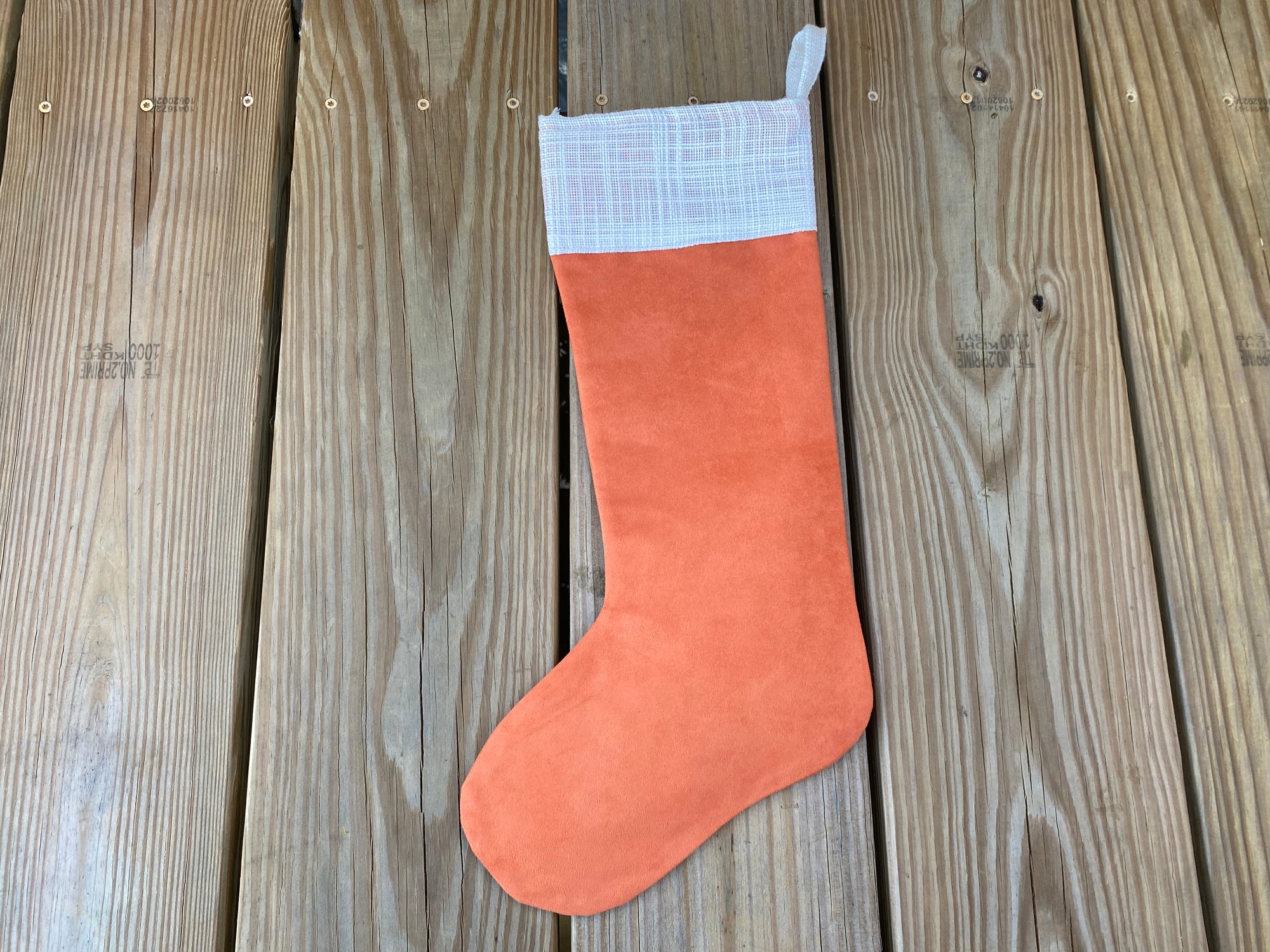 Holiday Stocking faux orange suede with soft white burlap cuff