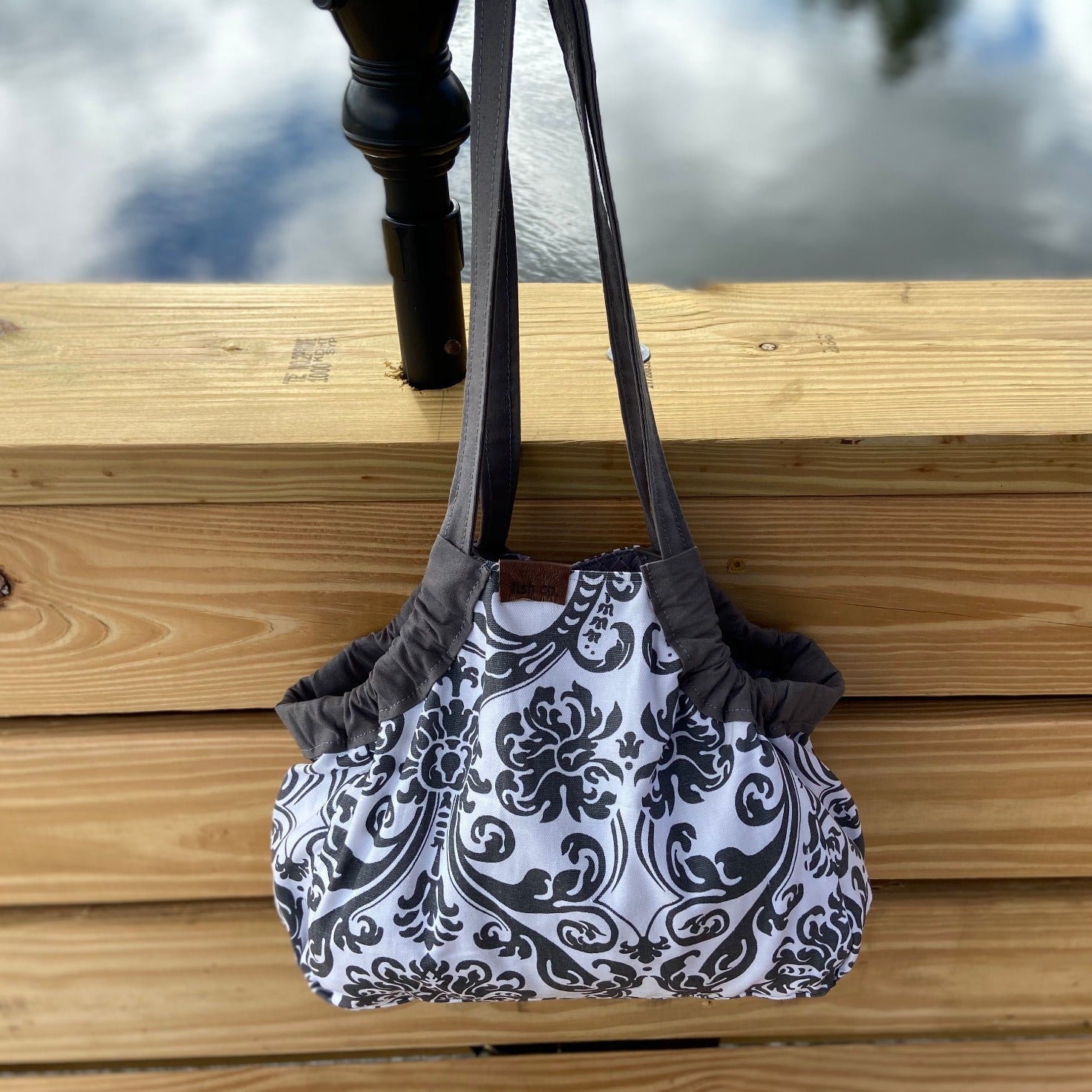 Mini Samaki- Large Gray Floral Print on White Background with Small Print Gray Dot and Line Inside