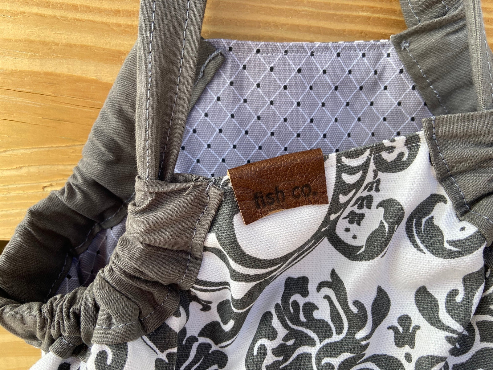 Mini Samaki- Large Gray Floral Print on White Background with Small Print Gray Dot and Line Inside