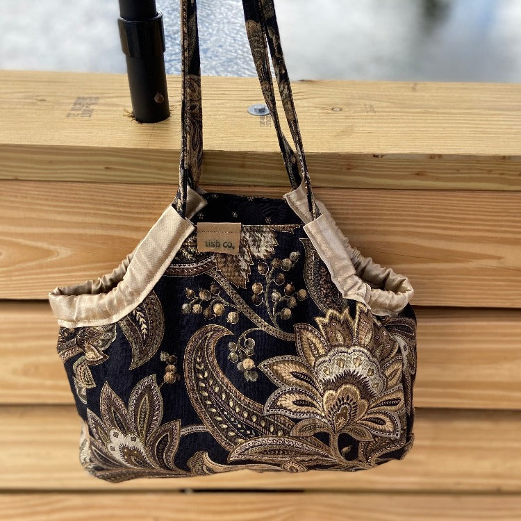 Mini Samaki- Brown Paisley and Floral Print on Black with Black and Tan Mini Print Inside