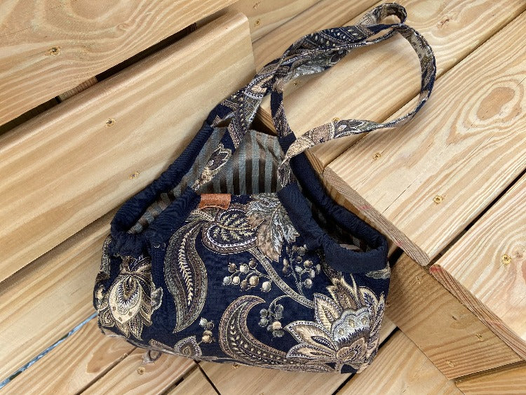 Mini Samaki- Brown Paisley and Floral Print on Black with Gold Stripe Inside