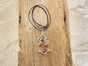 B. Light Necklace - Silver Wire Pendant Featuring Fiery Amber Stone Beads on Leather