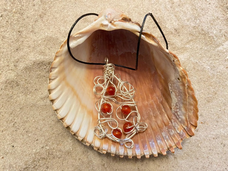 B. Light Necklace - Silver Wire Pendant Featuring Fiery Amber Stone Beads on Leather