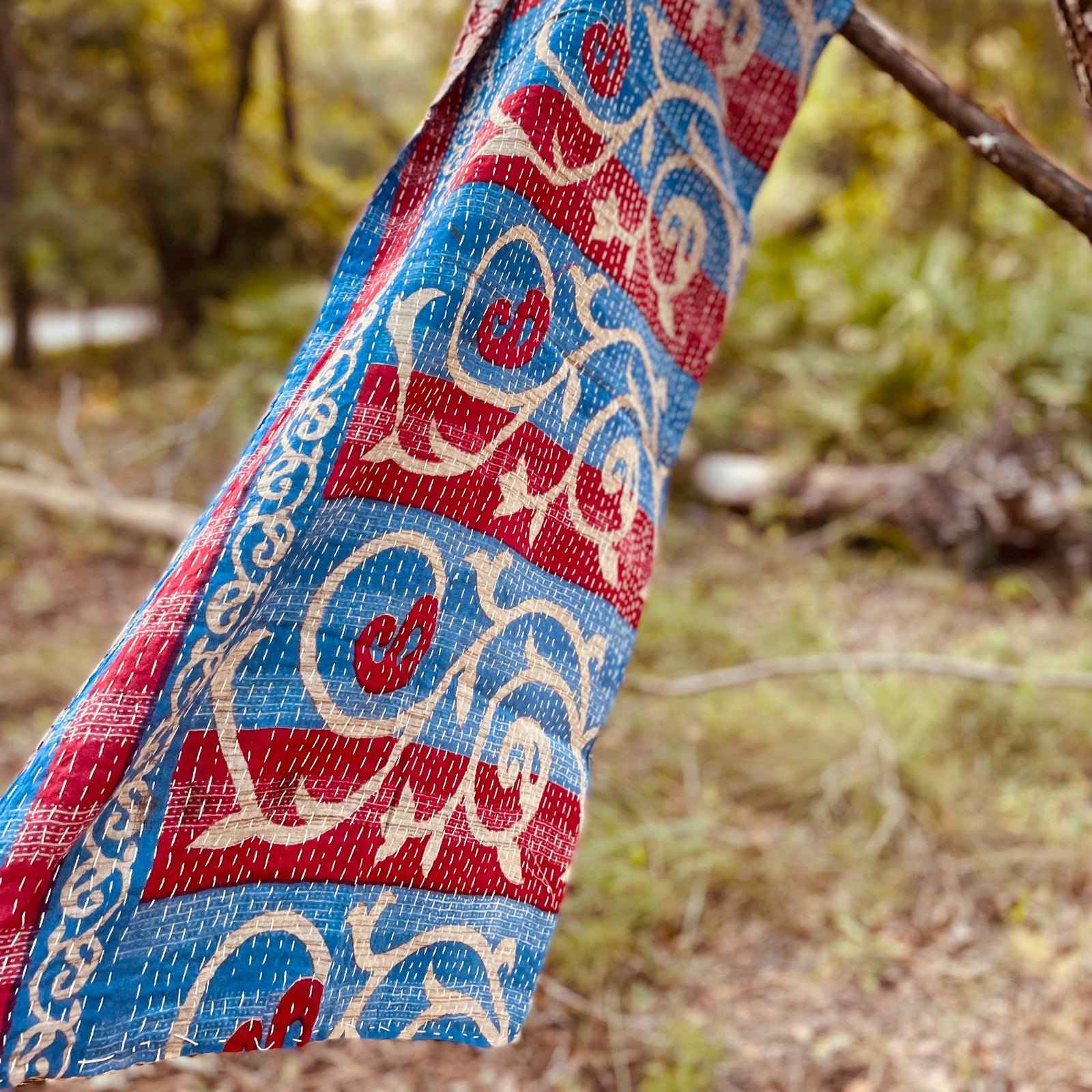 Kantha Medium Scarf Red & Blue Accents 4401