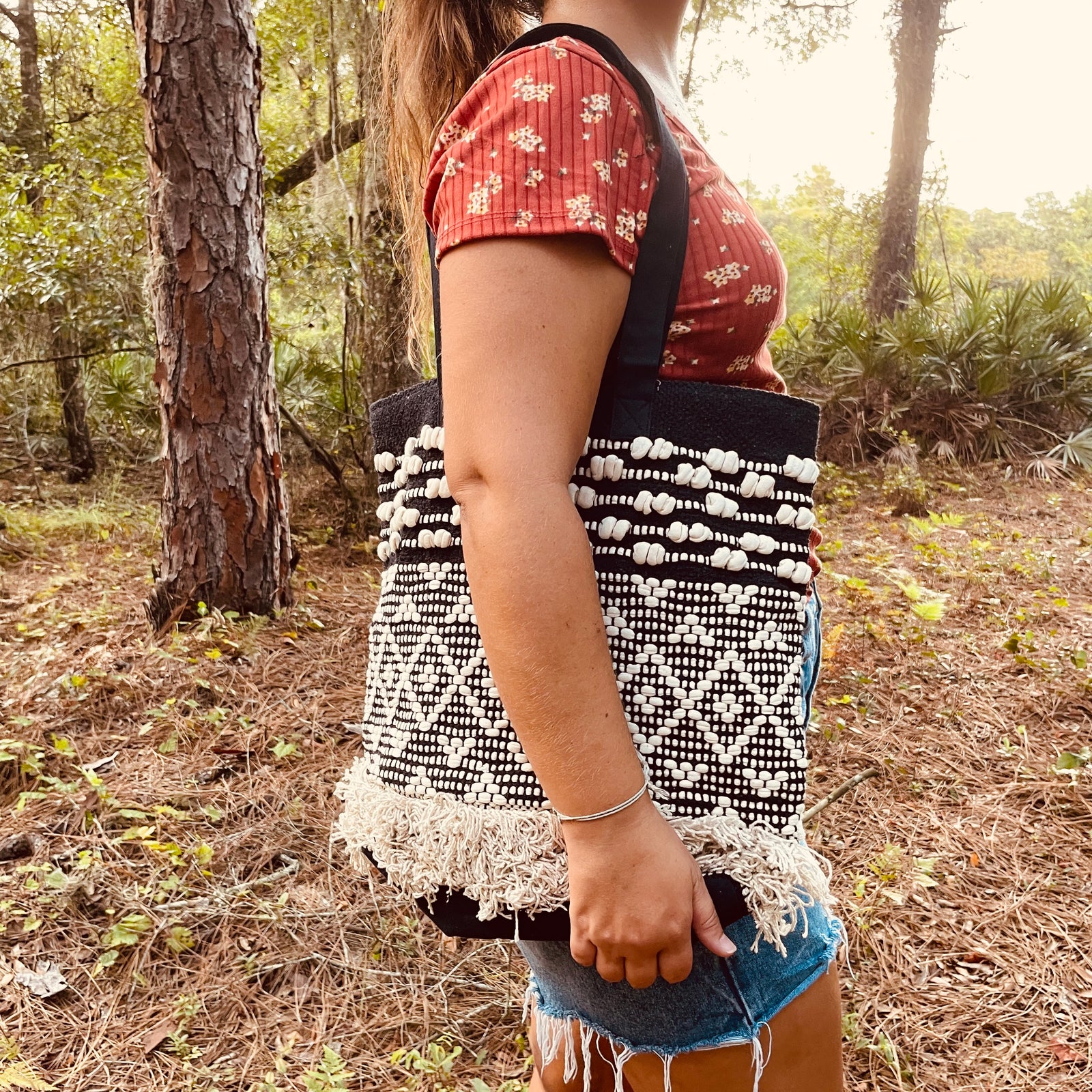 Black Tote Bag with Bohemian Design