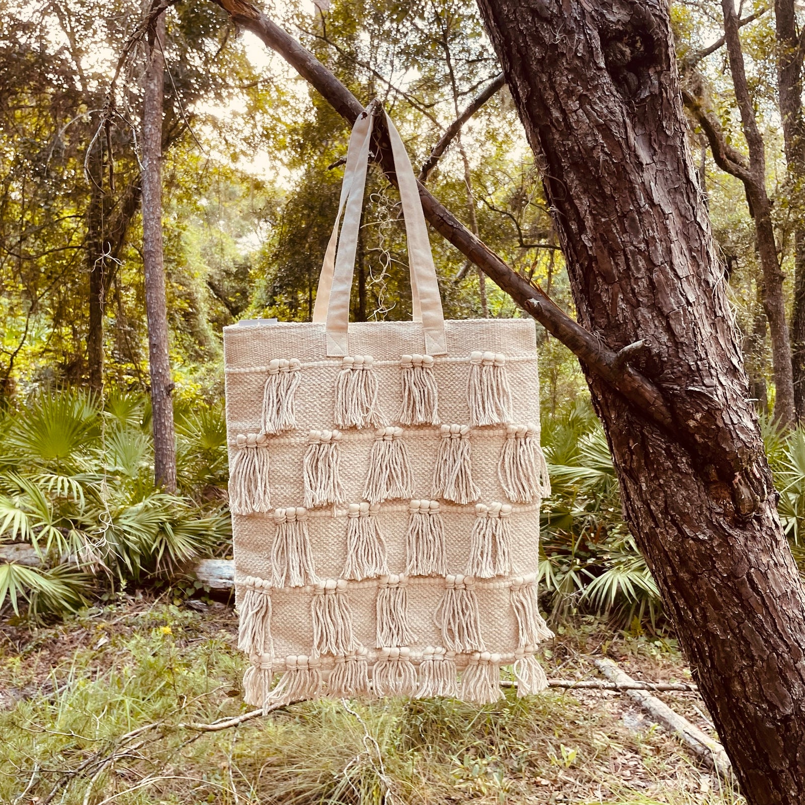 Large Cream Tote Bag with Tassels