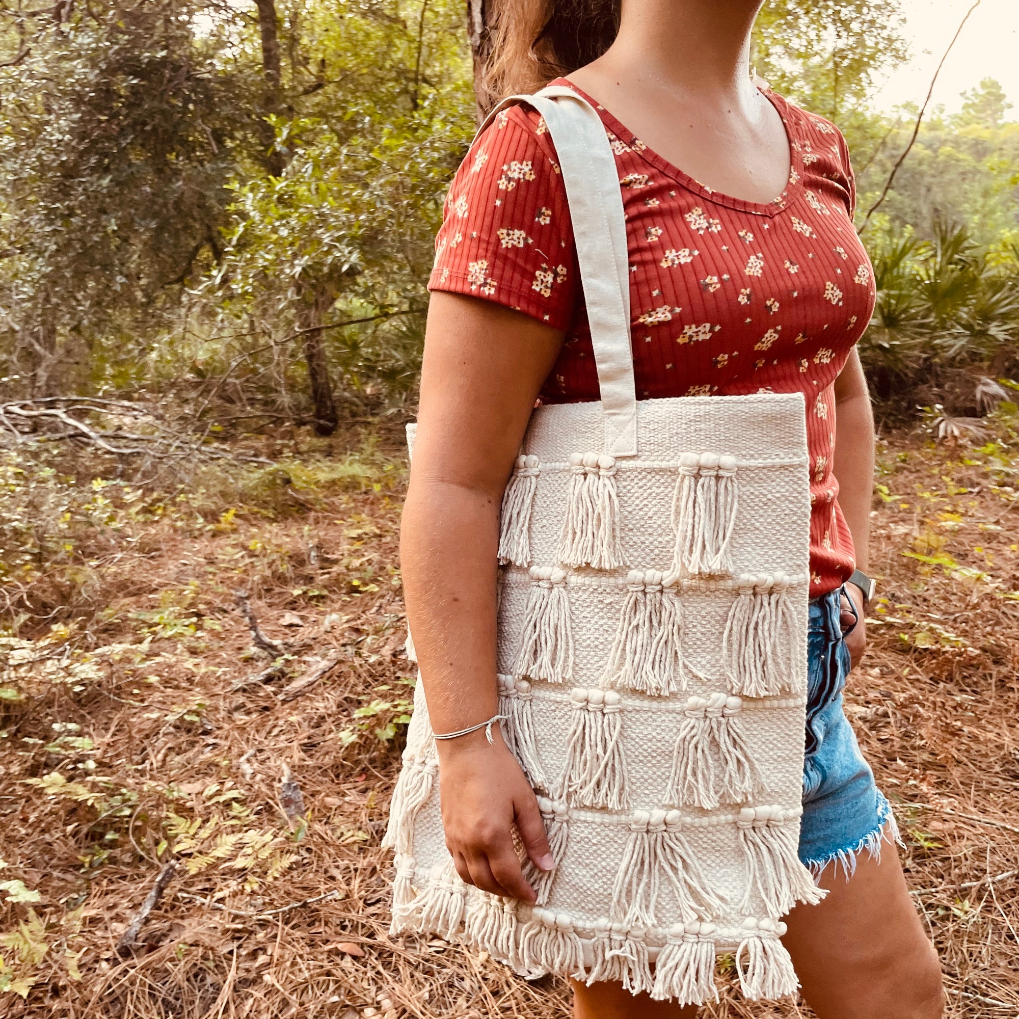 Large Cream Tote Bag with Tassels
