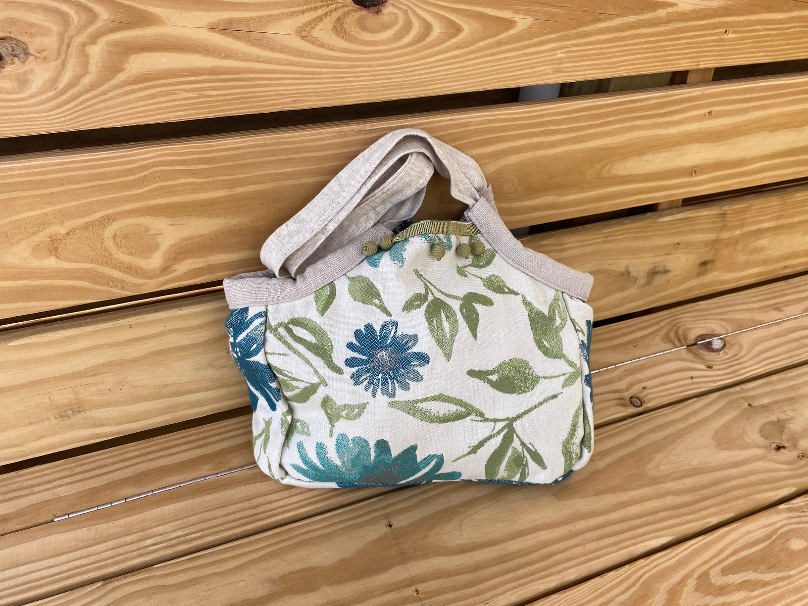 Mini Samaki- Spun Canvas with Blue and Green Flower Print and Silver and Green Silk and Beaded Trim