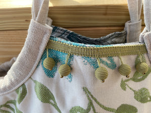 Mini Samaki- Spun Canvas with Blue and Green Flower Print and Silver and Green Silk and Beaded Trim