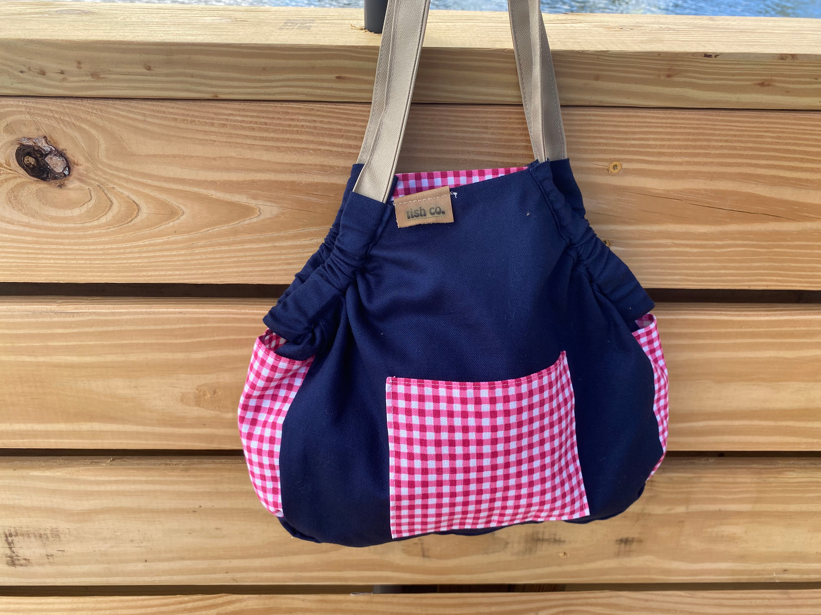 Mini Samaki - Red Gingham/Navy with Red Gingham Pockets with Khaki Strap