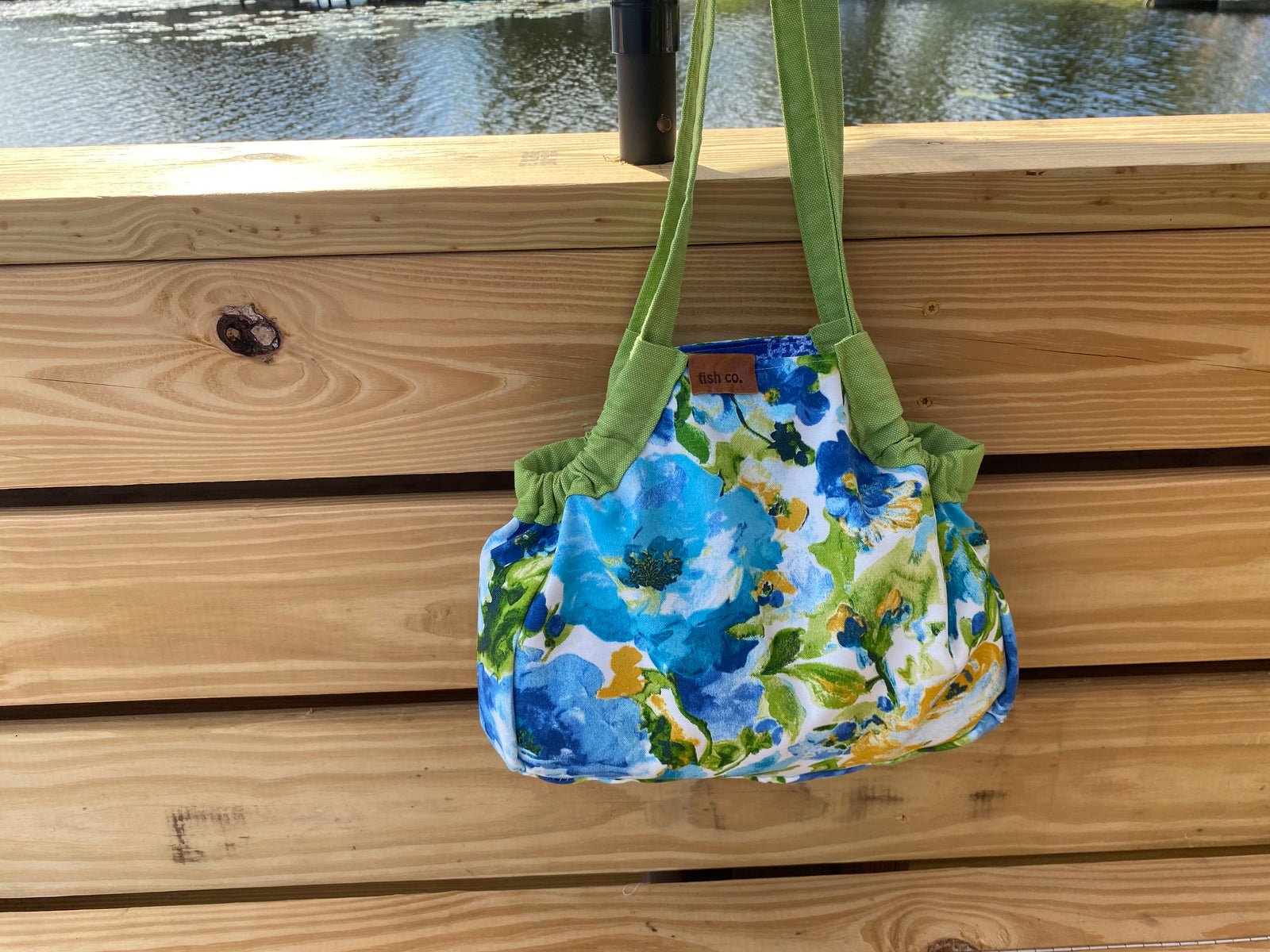 Mini Samaki -Blue and Green Water Color Print with Large Blue Paisley Print Inside and Green Apple Strap