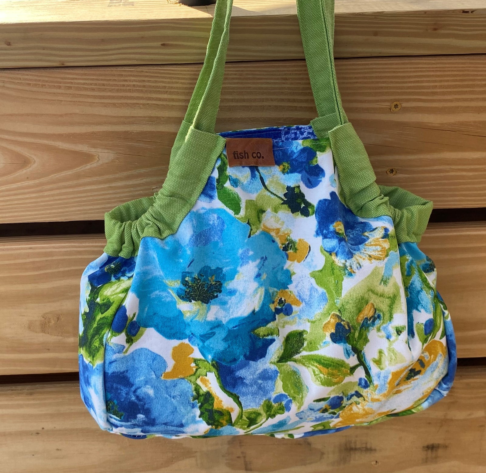 Mini Samaki -Blue and Green Water Color Print with Large Blue Paisley Print Inside and Green Apple Strap