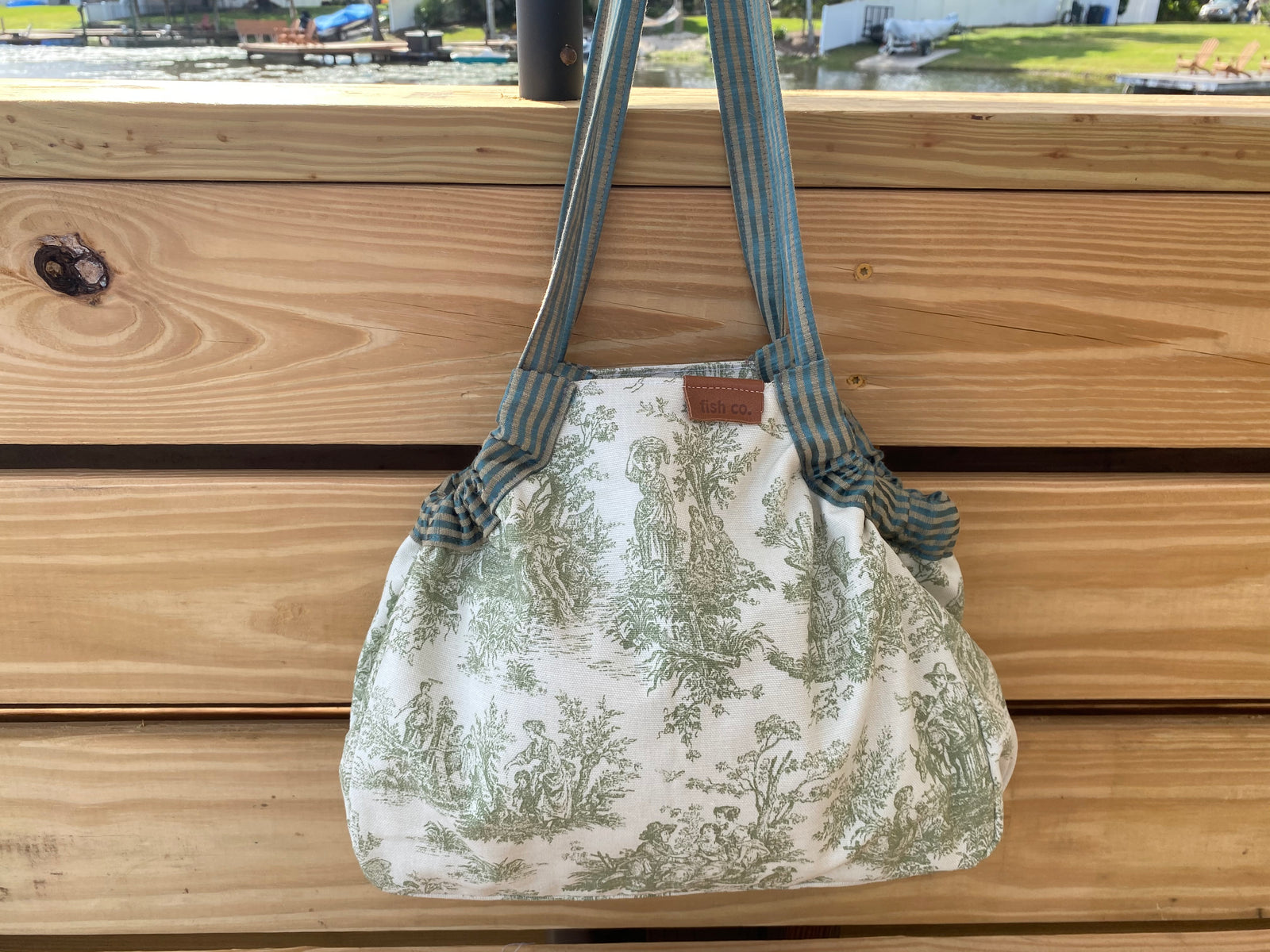 Mini Samaki - Green and Cream Toile with a Green and Camel Striped Silk and Coordinating Strap