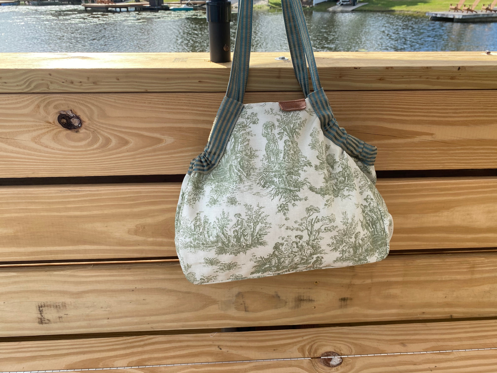 Mini Samaki - Green and Cream Toile with a Green and Camel Striped Silk and Coordinating Strap