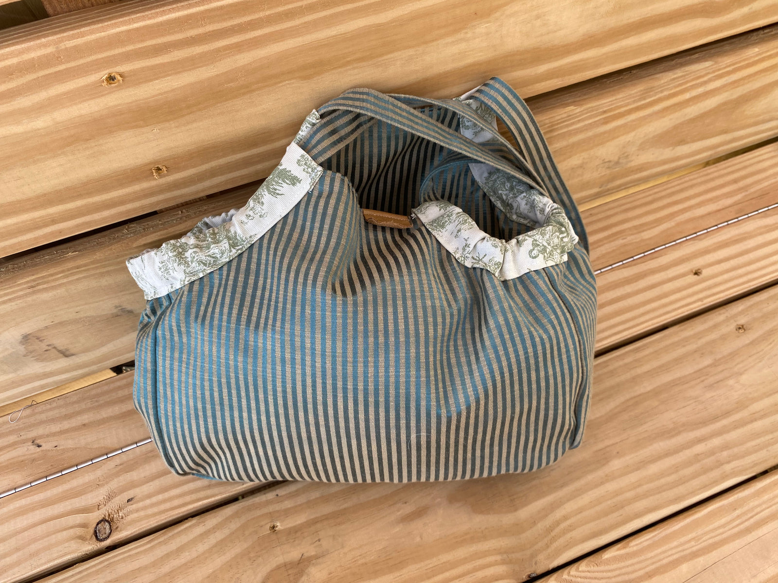 Mini Samaki - Green and Camel Silk Stripe Inside and Out with Coordinating Strap and Pockets
