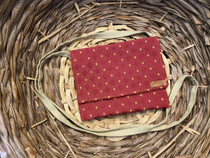 Small Satchel deep red and gold pattern with yellow and gold satin inside