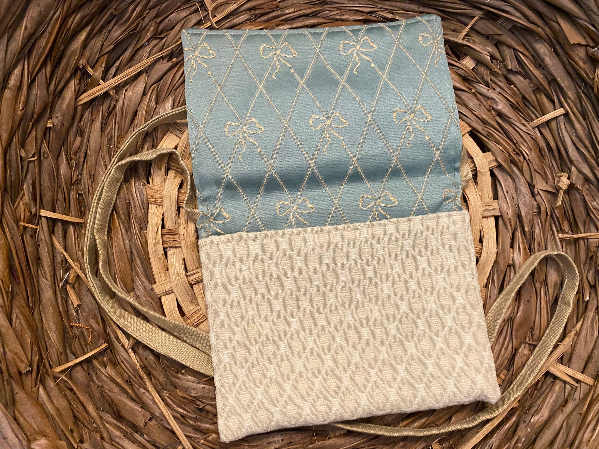 Small Satchel cream and oatmeal textured pattern with ice blue and cream satin inside