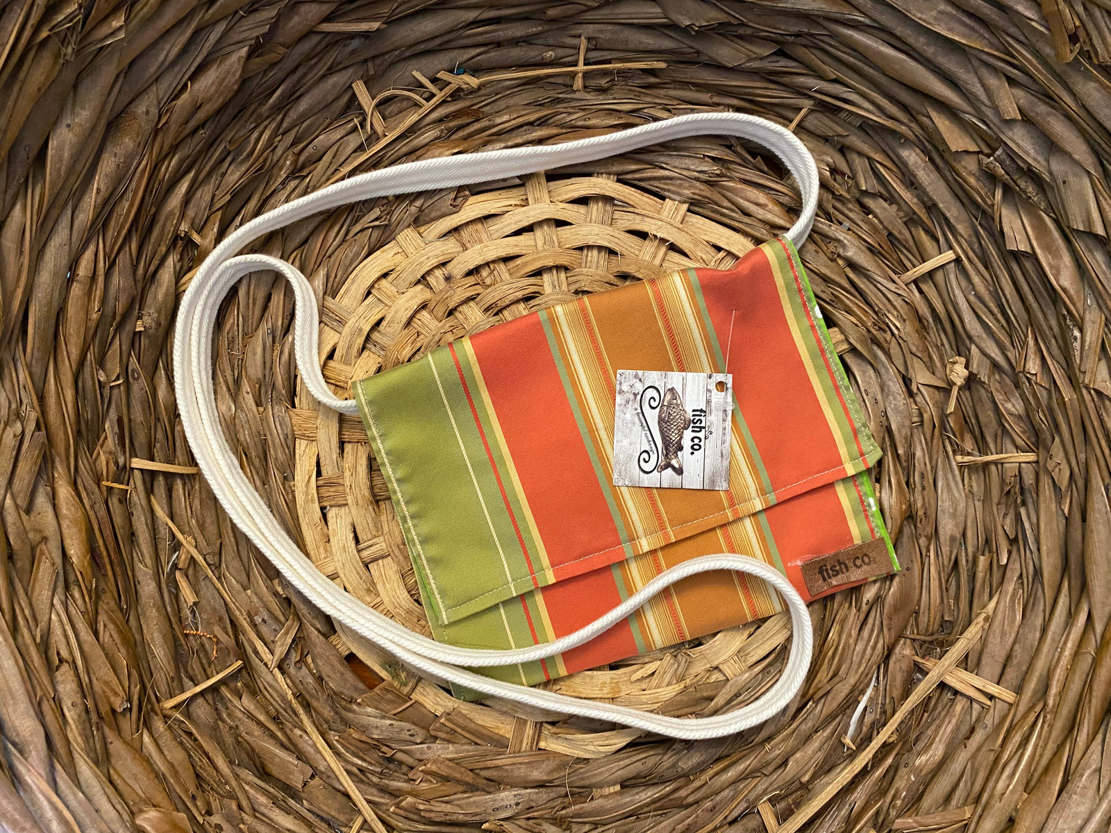 Small Satchel orange, rust and lime satin stripe with lime polka dot inside