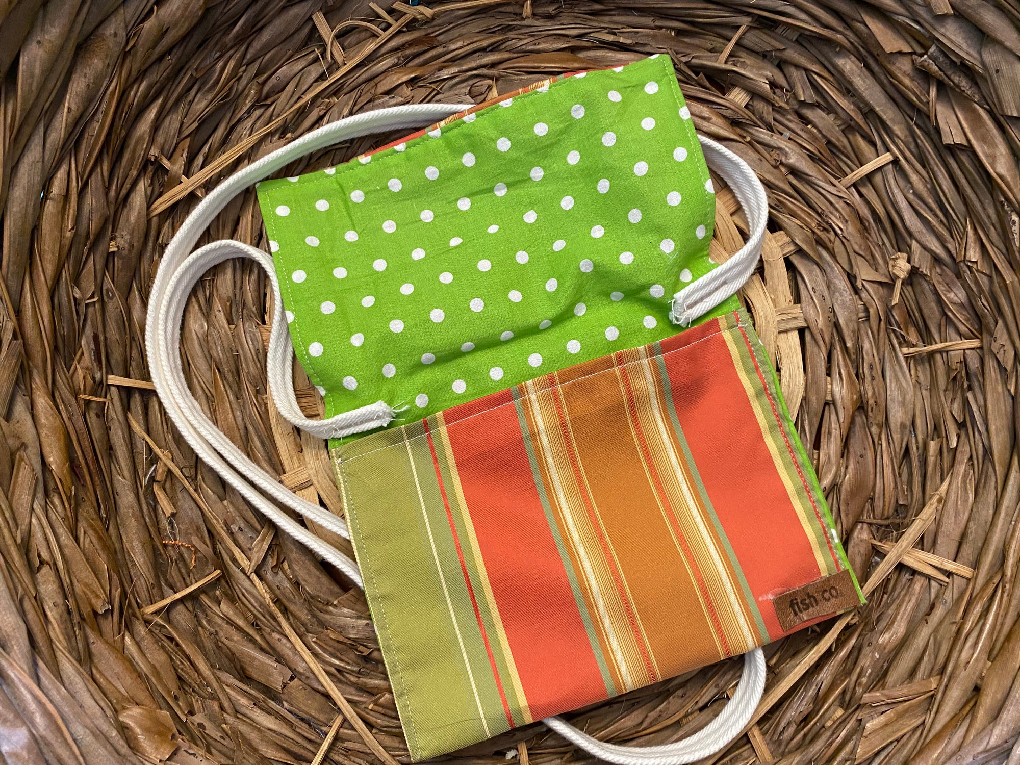 Small Satchel orange, rust and lime satin stripe with lime polka dot inside