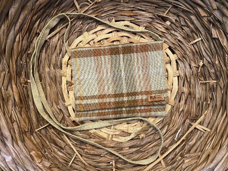 Small Satchel ice blue, chocolate, rust, and tan plaid with camel, blue and gold pattern inside