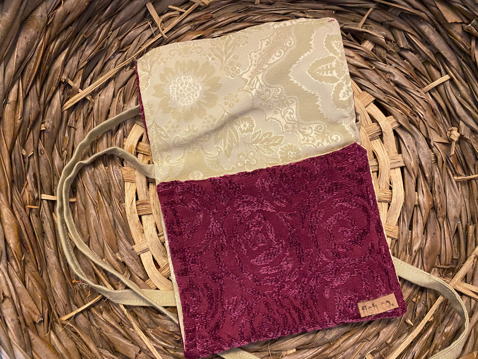 Small Satchel Raspberry pattern chenille with soft gold on gold silk pattern inside