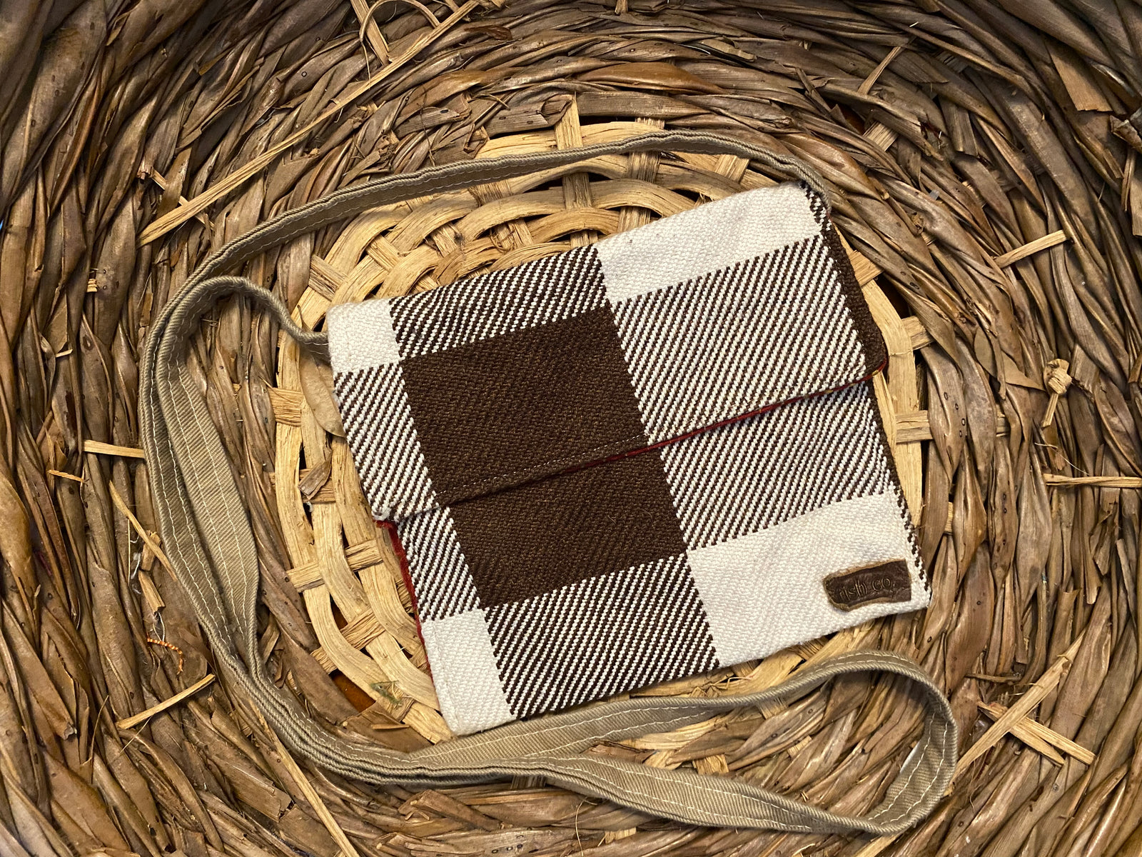 Small Satchel large brown and cream plaid tweed with crimson and tan inside