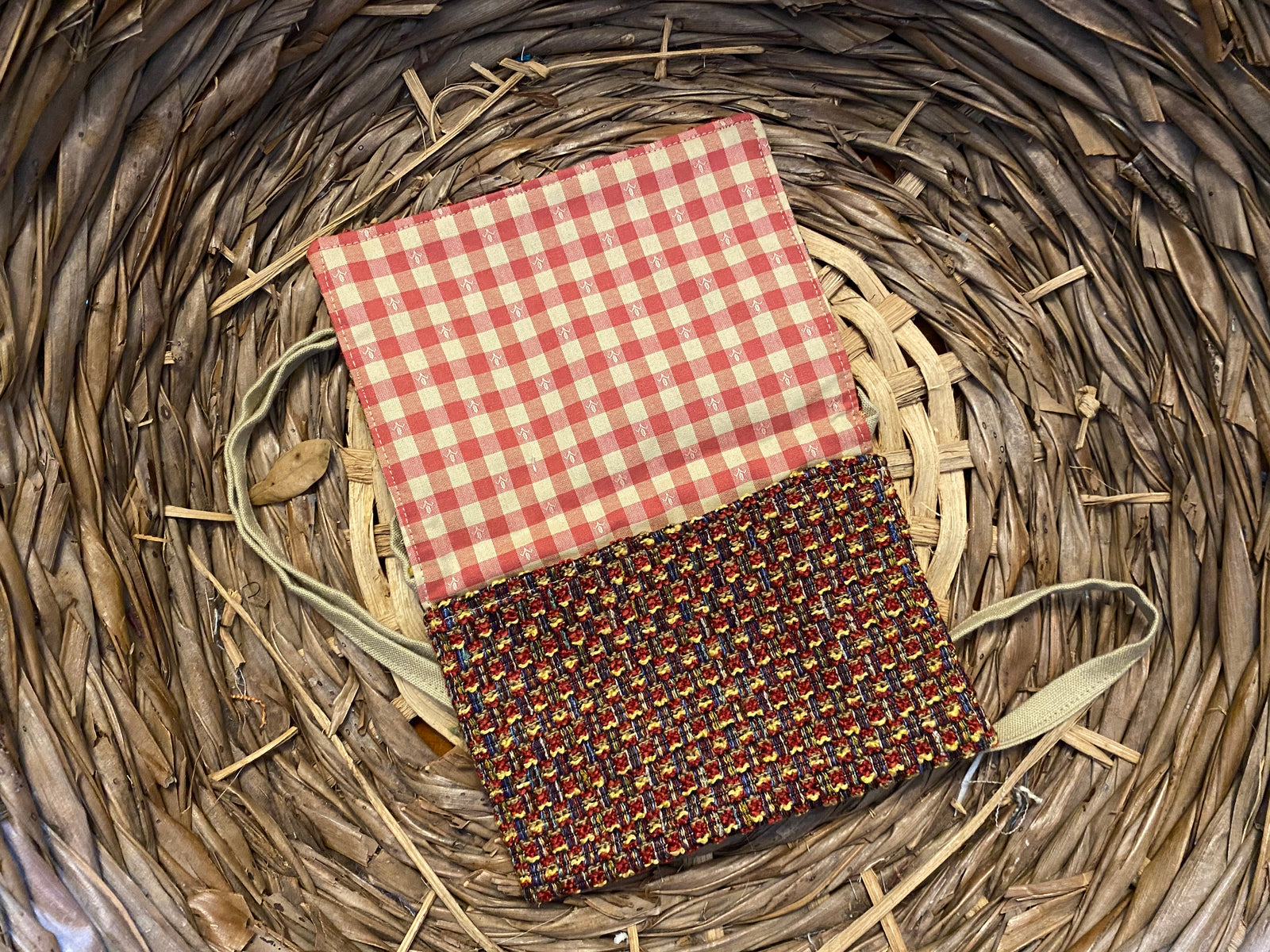 Small Satchel crimson, gold and green tweed with red and tan gingham inside