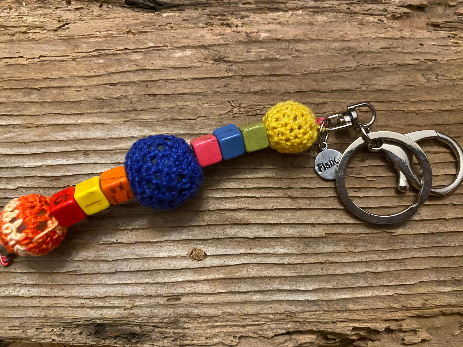 Shanga Keychain yellow, navy and orange macrame beads with colorful howlite square accents