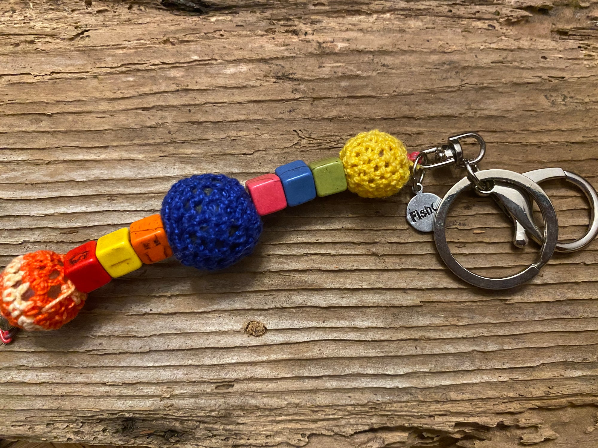 Shanga Keychain yellow, navy and orange macrame beads with colorful howlite square accents