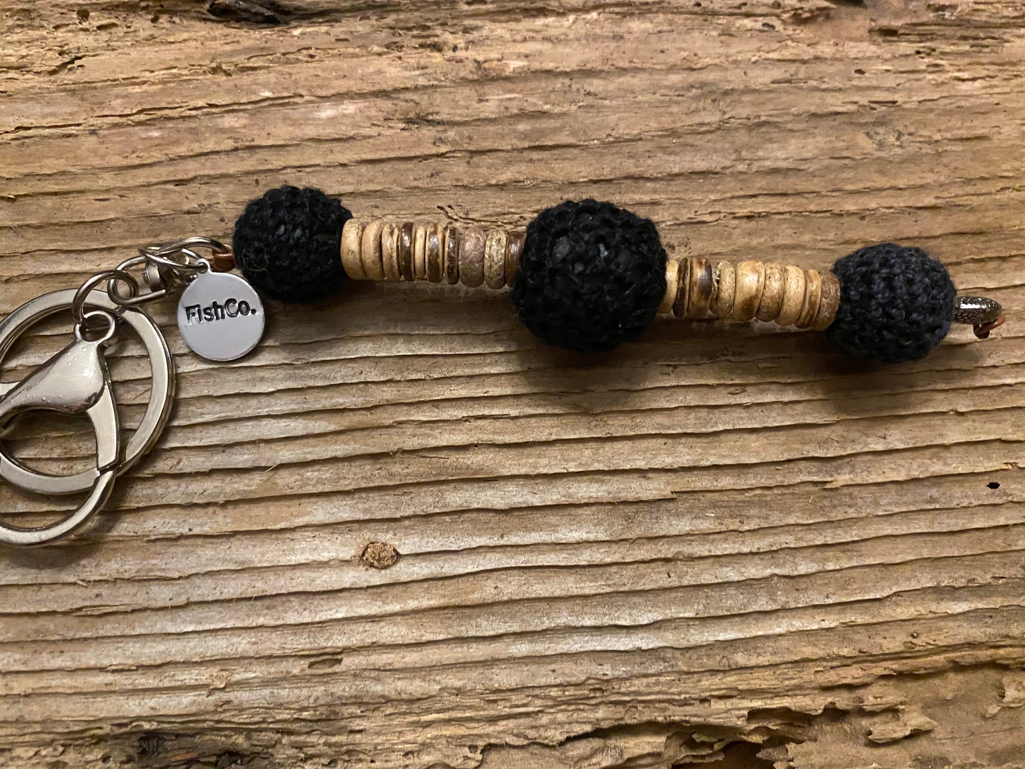 Shanga Keychain black macramé beads with round coconut shell bead accents