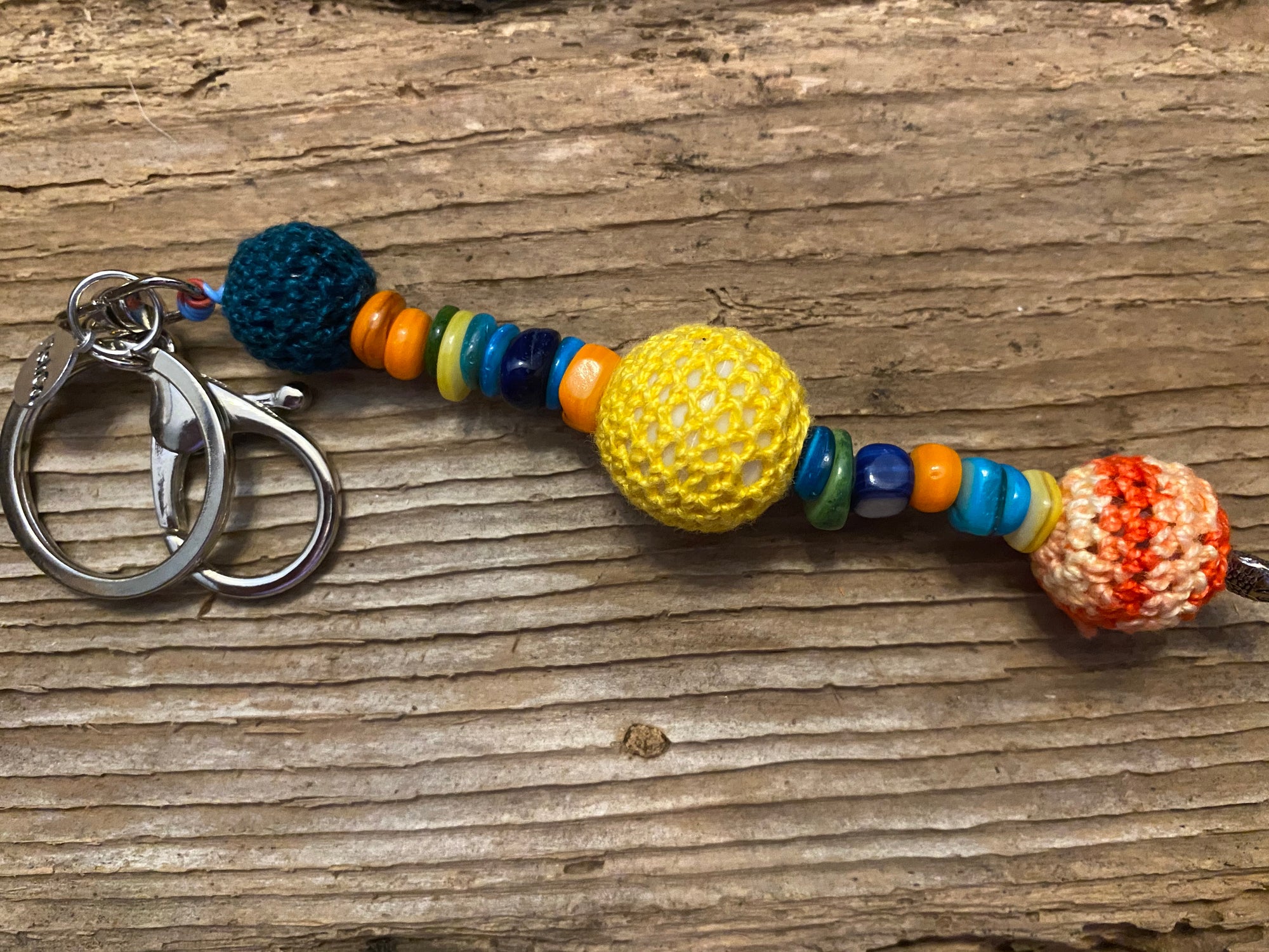 Shanga Keychain forest, lemon and orange macramé beads with colorful stone accents