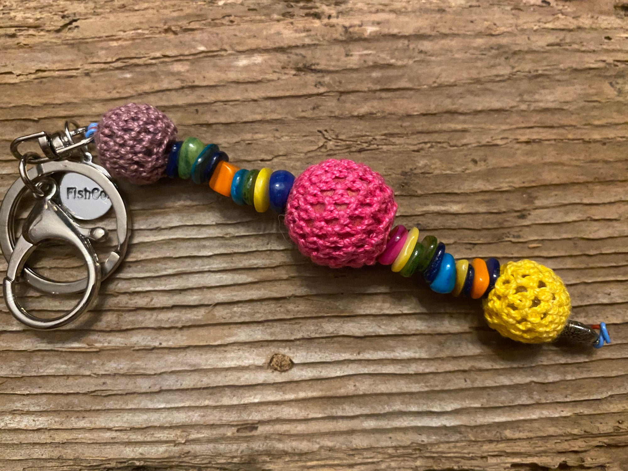 Shanga Keychain, lavender, hot pink and lemon macrame beads with multi-colored polished stone accents