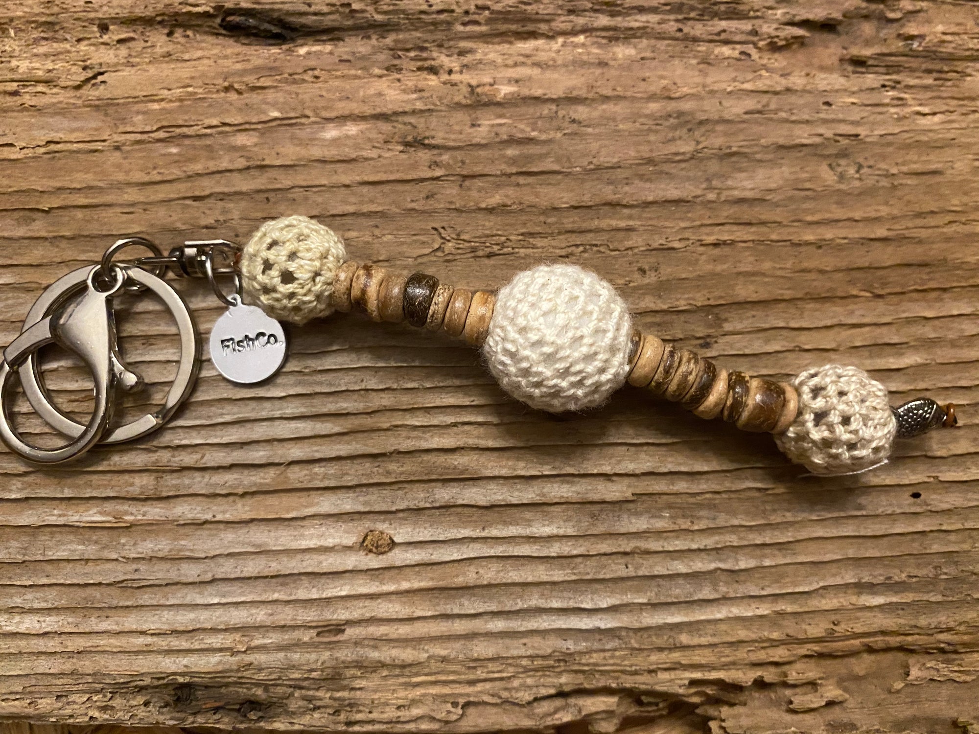 Shanga Keychain oatmeal and cream macramé beads with coconut shell disc accents