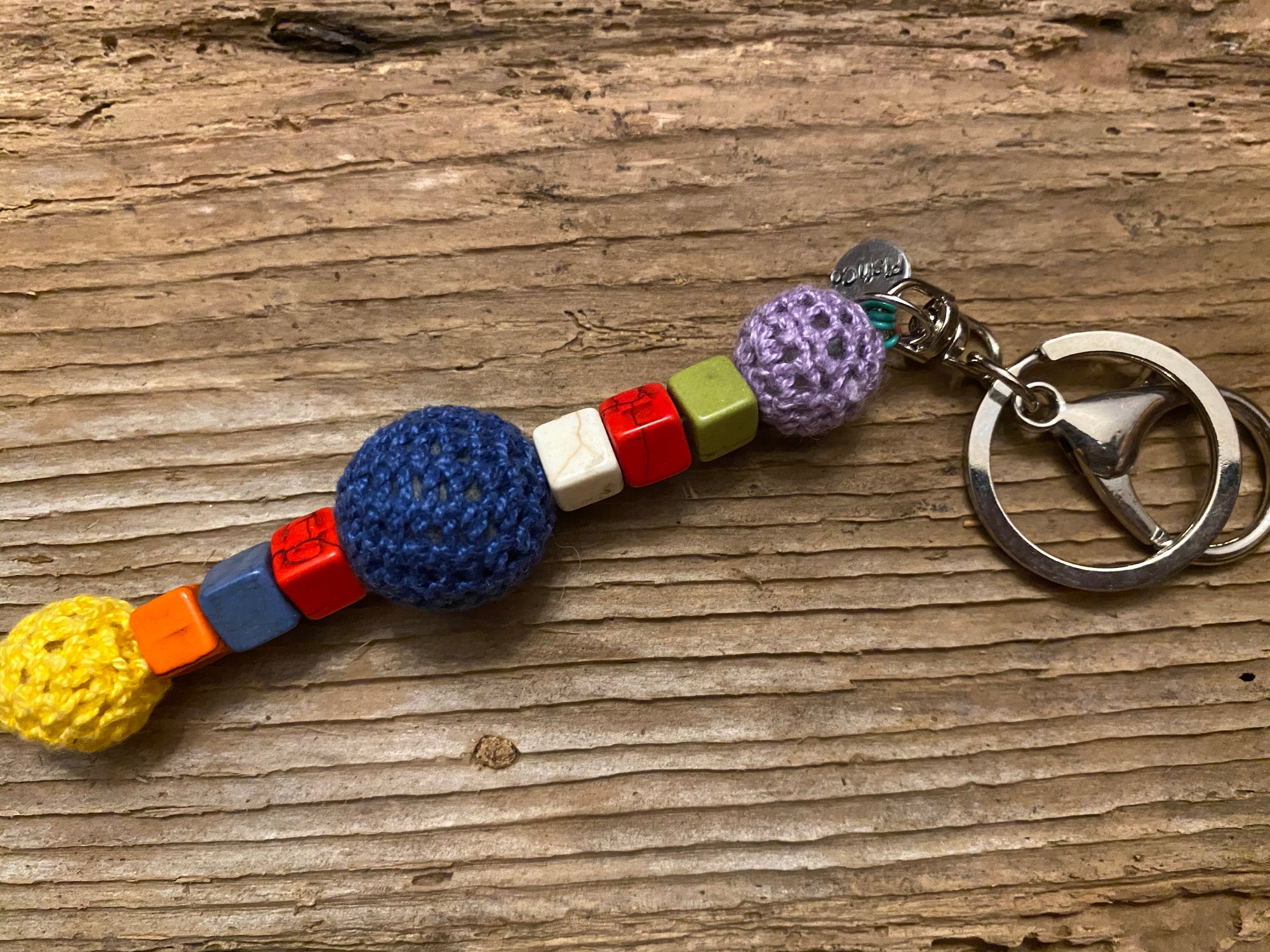 Shanga Keychain purple, blue and yellow macramé with square howlite accents