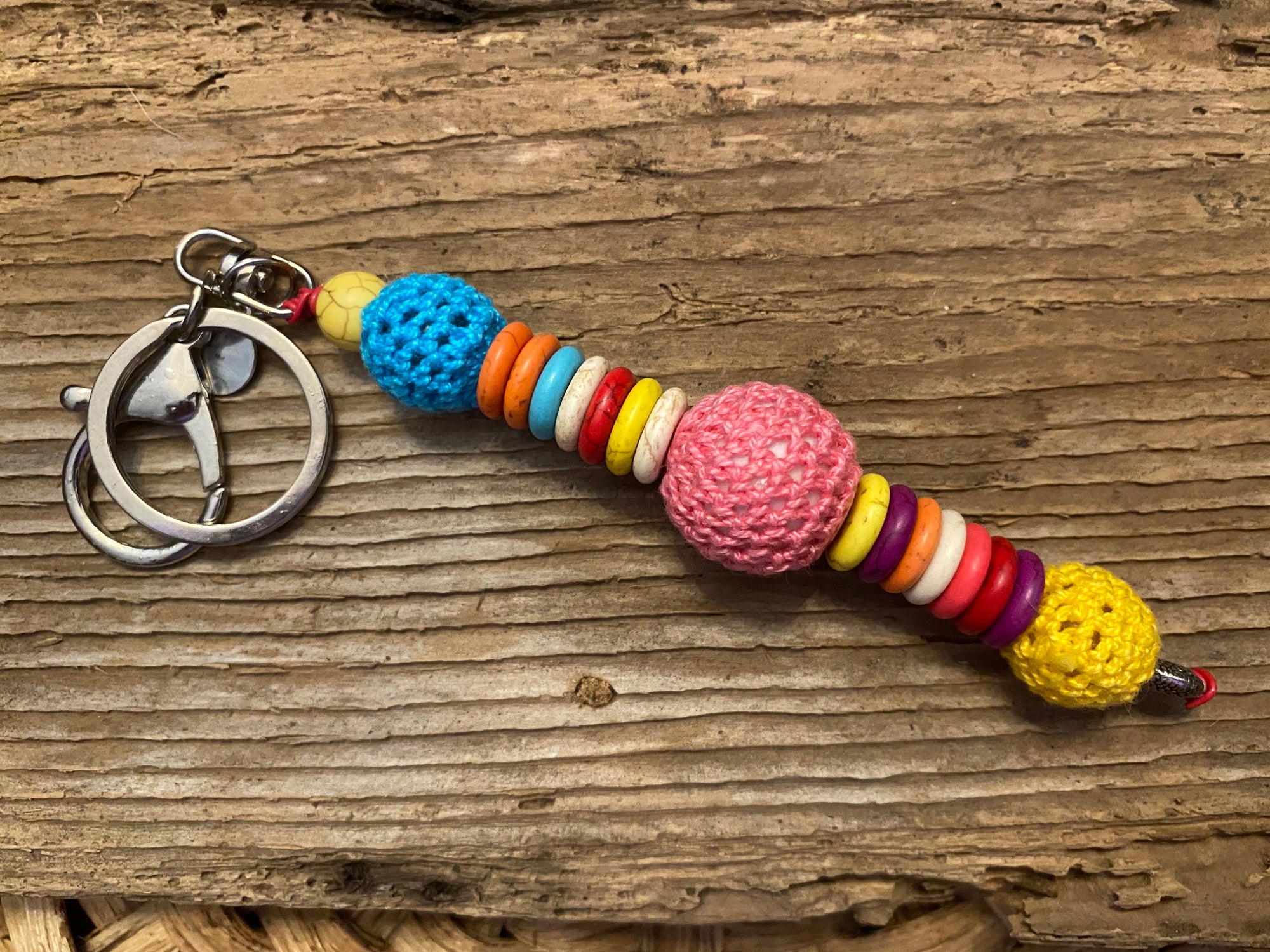 Shanga Keychain teal, pink and lemon macrame beads with colorful howlite discs