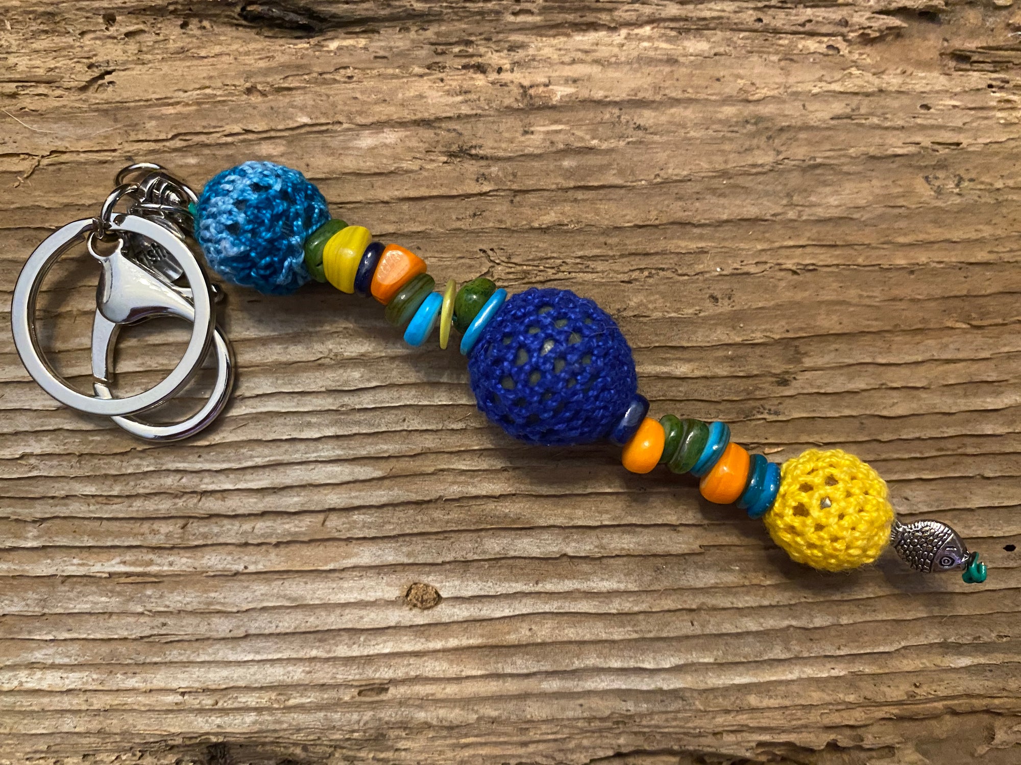 Shanga Keychain teal stripe, navy and lemon macramé beads with colorful stone accents