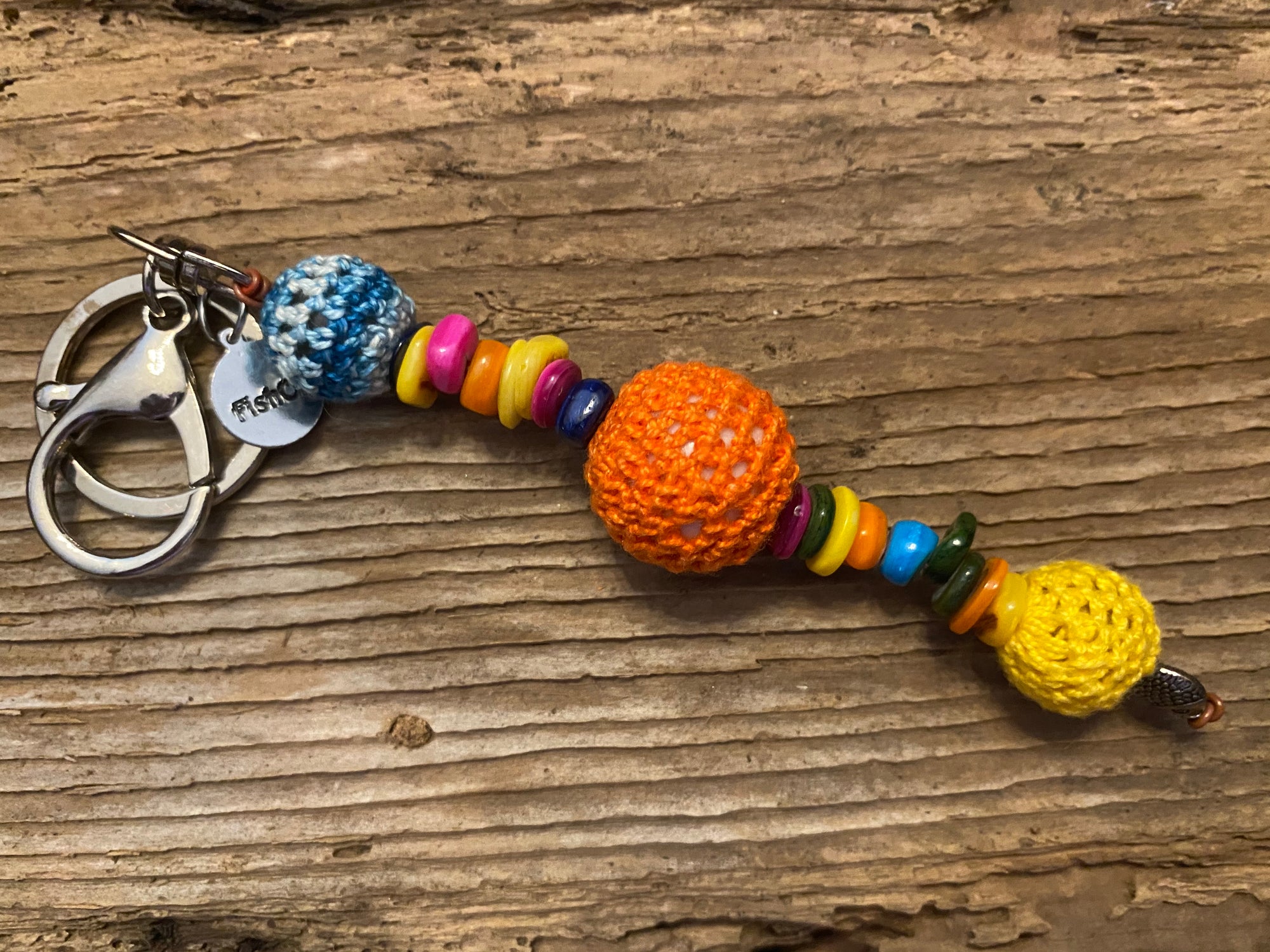 Shanga Keychain teal strip, orange and lemon macrame beads with colorful stone accents
