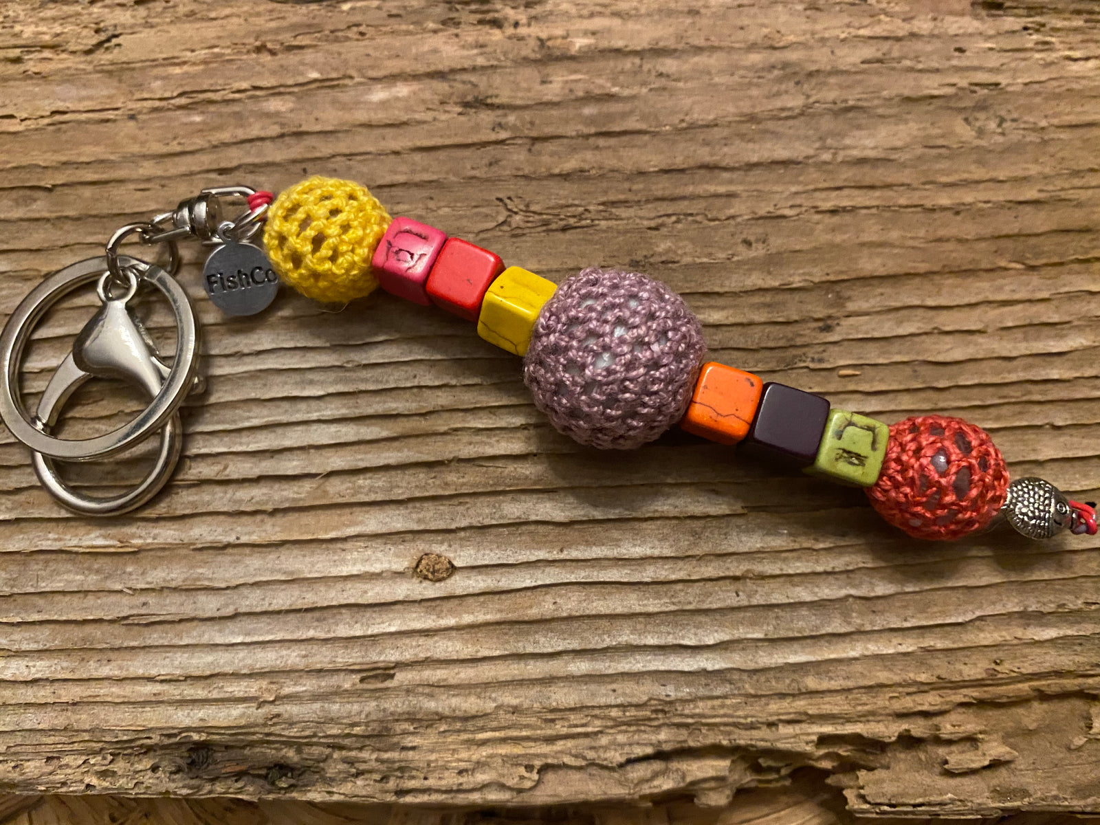 Shanga Keychain yellow, purple and orange macramé with square howlite accents